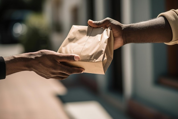 Closeup view on delivery mans hand giving parcel to another human generative ai