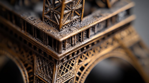 Photo closeup view of a detailed bronze model of the eiffel tower highlighting intricate features and craftsmanship indoors