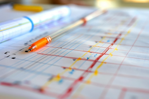 Closeup view of a detailed project blueprint with annotations and colorful lines