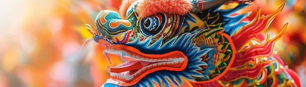 Closeup view of dragon dance costumes detailed patterns during Chinese New Year Bright colors