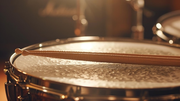 A closeup view of drumsticks lying on the snare drum ready for rhythm