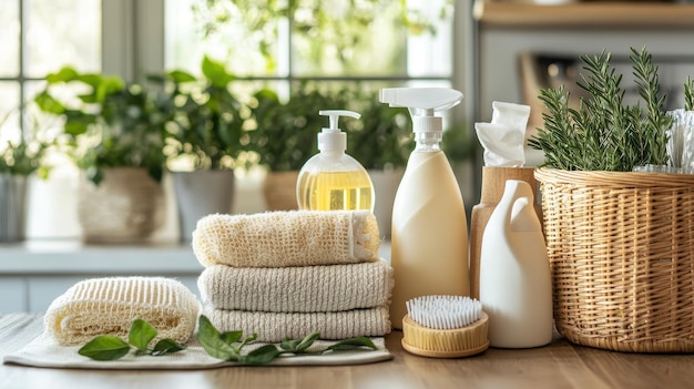 Photo a closeup view of ecofriendly cleaning supplies and cloths on a wooden counter in a bright home