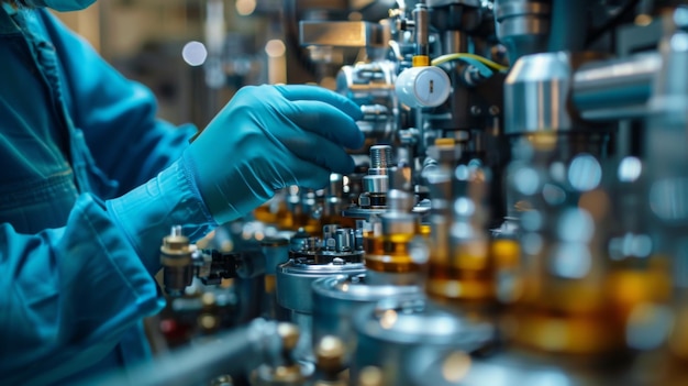 Closeup view of an engineers hands carefully working on assembling machinery parts in a hightech factory