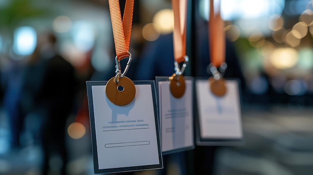 Closeup view of event name tags attached to orange lanyards against a blurred conference background