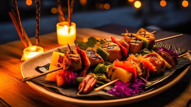 A closeup view of an exquisitely crafted finedining meal prepared by a personal chef on a secluded beachside table surrounded by romantic lighting