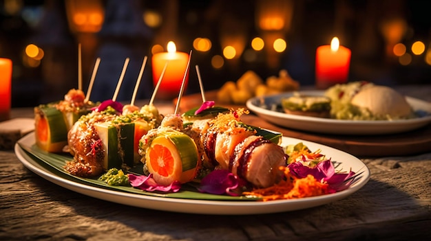 A closeup view of an exquisitely crafted finedining meal prepared by a personal chef on a secluded beachside table surrounded by romantic lighting