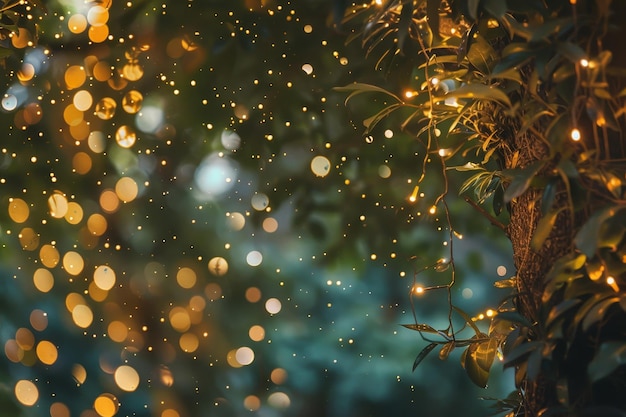 A closeup view of fairy lights strung on a tree branch creating a magical atmosphere at dusk Enchanting fairy lights casting a gentle light