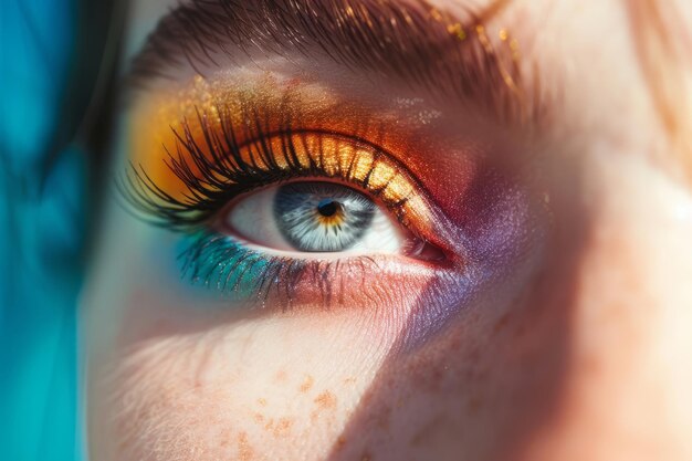 Closeup view of female eye with bright multicolored fashion makeup Generative AI