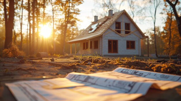 Photo a closeup view of financial analysis documents related to construction with a partially built house and trees bathed in the warm glow of a sunset