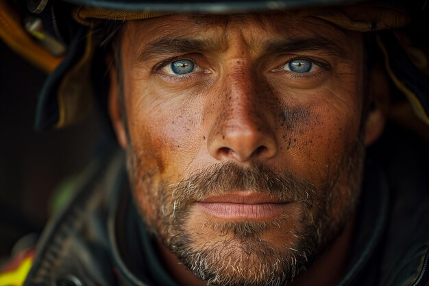 A closeup view of a firefighter wearing a protective helmet international firefighters day