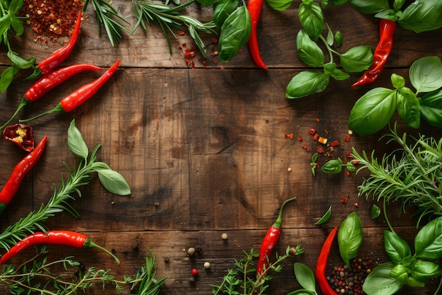 A closeup view of fresh herbs and spices arranged around the edge of a rustic wooden background