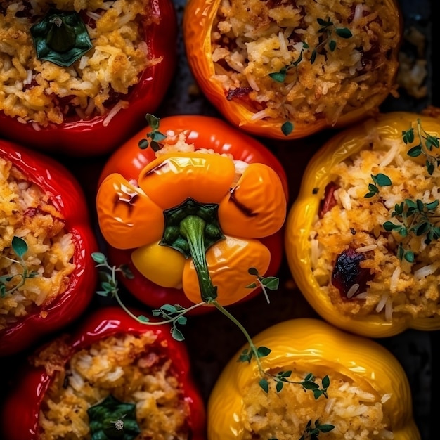 A closeup view from the top of a healthy tray of stuffed peppers with rice and green herbs