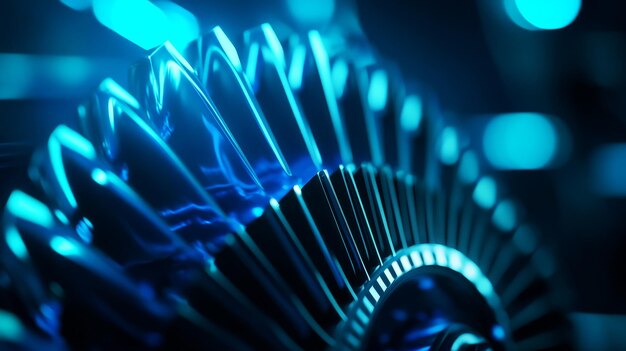 A closeup view of a futuristic engine showcasing intricate details and glowing blue plasma T