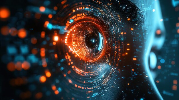 Photo a closeup view of a futuristic eye showcasing vibrant digital patterns and light effects symbolizing technology and innovation