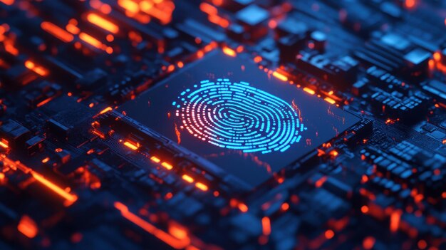 Photo closeup view of a futuristic fingerprint sensor on a circuit board illuminated with vibrant