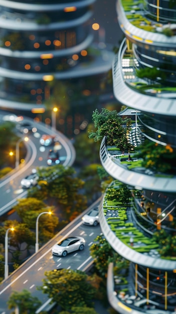 Photo a closeup view of a futuristic smart city highlighting smart cars and ecofriendly sustainable design elements