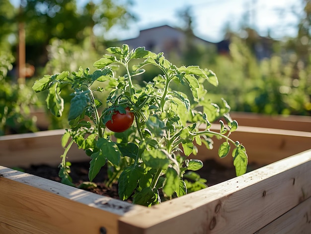 Photo a closeup view of a garden filled with green leaves and ripe tomatoes bathed in warm sunlight during golden hour