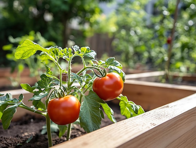 Photo a closeup view of a garden filled with green leaves and ripe tomatoes bathed in warm sunlight during golden hour