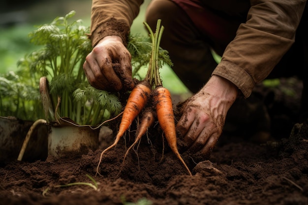 A closeup view of a gardener's hands as they pull a carrot from the ground