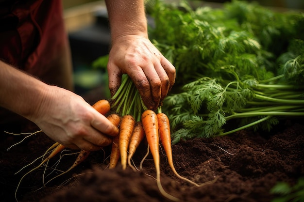 A closeup view of a gardener's hands as they pull a carrot from the ground