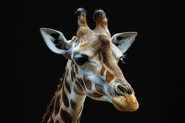 A closeup view of a giraffe39s face on a black background