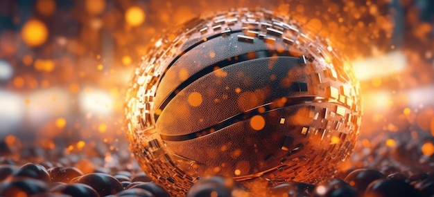 Closeup view of glowing basketball ball on wet floor and 3d court Generative AI