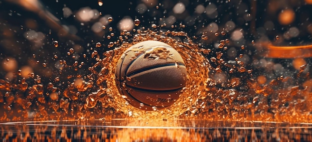 Closeup view of glowing basketball ball on wet floor and 3d court Generative AI