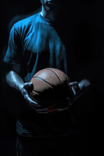 Closeup view of glowing basketball ball on wet floor and 3d court Generative AI