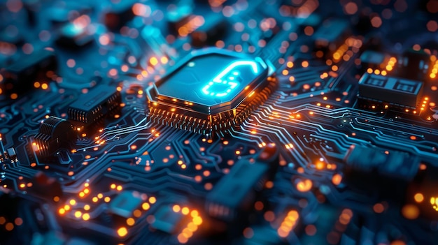 Closeup view of a glowing blue security chip on a complex electronic circuit board highlighting