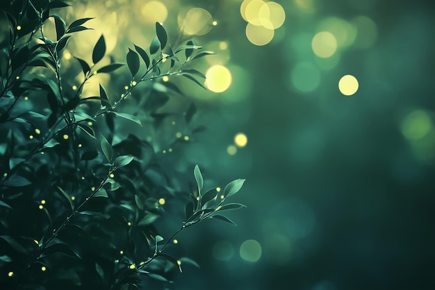 A closeup view of glowing fireflies among dark green leaves on a tranquil summer night in the forest