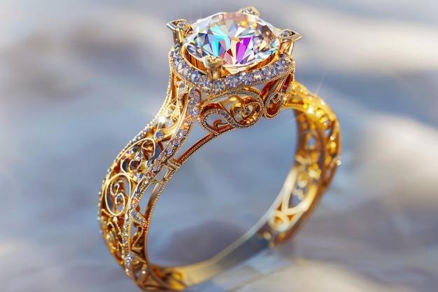 A closeup view of a gold ring featuring a diamond on top