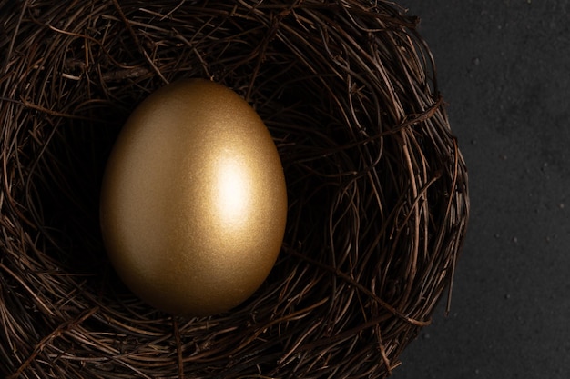 Closeup view of Golden egg in nest on a dark table Easter concept