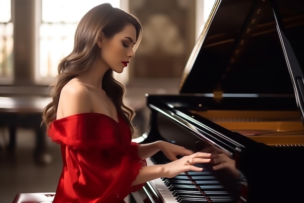 Closeup view of gorgeous woman playin piano