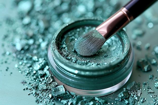 CloseUp View of Green Shimmering Eyeshadow with Brush