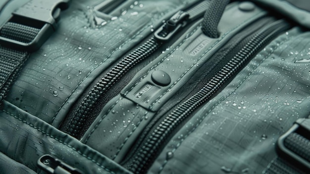 Closeup view of a green waterproof backpack with water droplets on the surface highlighting the zipper details