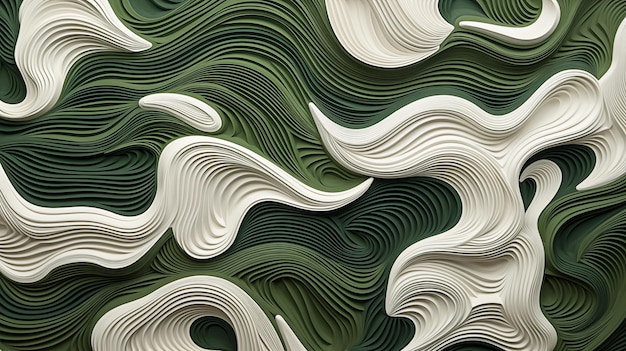 Photo closeup view of green and white abstract wavy paper art installation