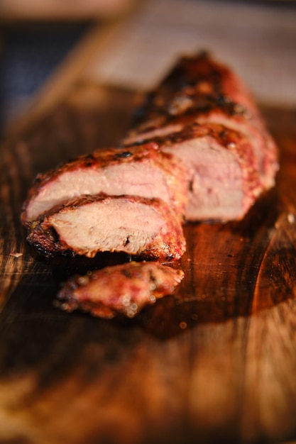 Closeup view of grilled juicy and spicy duck steak