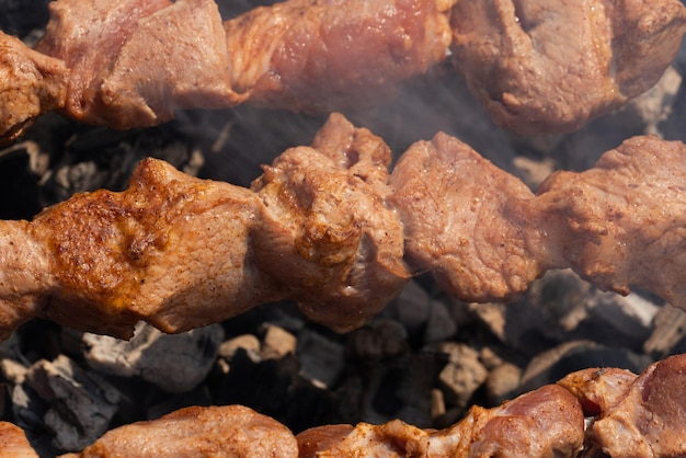 Closeup view grilled tasty pork shish kebab cooking on skewers charcoal grill