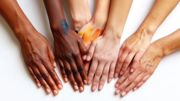 Photo closeup view of group of people stacking hands