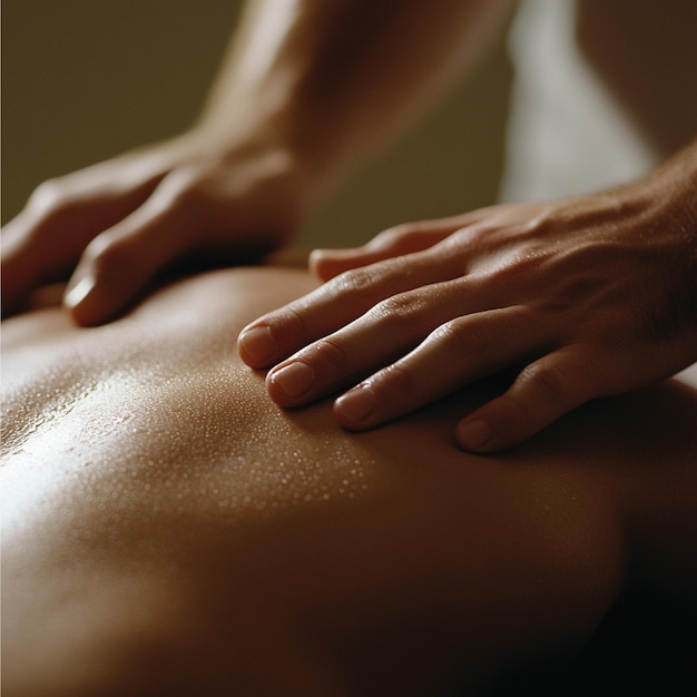 Photo a closeup view of a hand performing a deep tissue massage on a mans back with ambient lighting