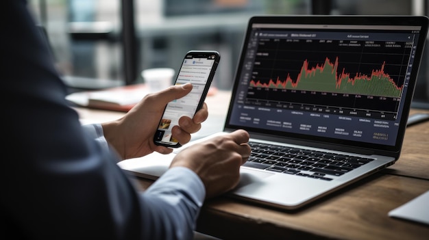 Photo closeup view of hands holding a smartphone with stock market data on the screen with a laptop in the background displaying financial charts