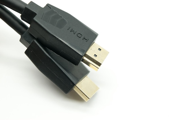 Closeup view of HDMI cables on a white background