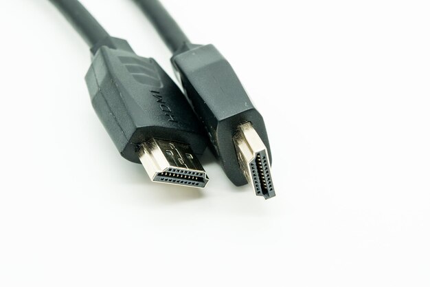 Closeup view of HDMI cables on a white background