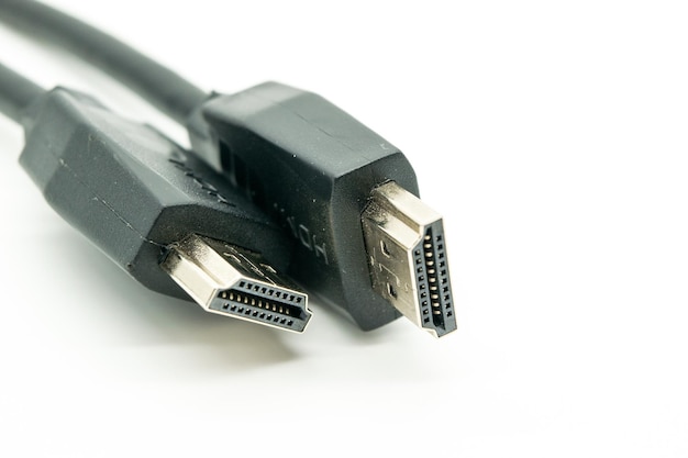 Closeup view of HDMI cables on a white background