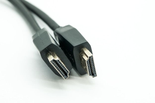 Closeup view of HDMI cables on a white background