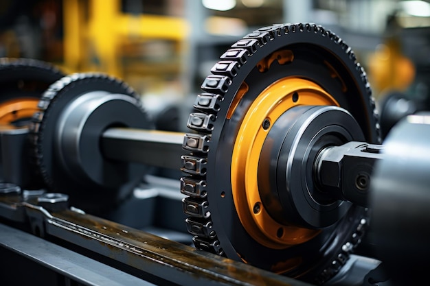 Photo a closeup view of a heavyduty industrial drive roller surrounded by metal chains