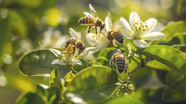 Photo a closeup view of honey bees pollinating white blossoms on a citrus tree symbolizing nature