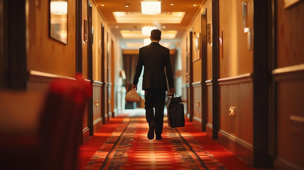 Closeup view of hotel staff bringing client luggage to the room