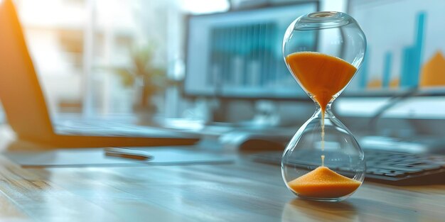 Closeup view of an hourglass on an office desk measuring time Concept Hourglass Office Desk Timekeeping Business Concept