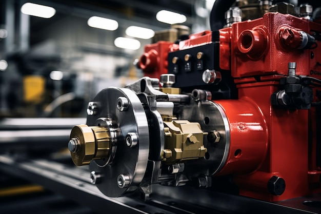 Photo closeup view of a hydraulic valve in an industrial setting surrounded by intricate piping systems